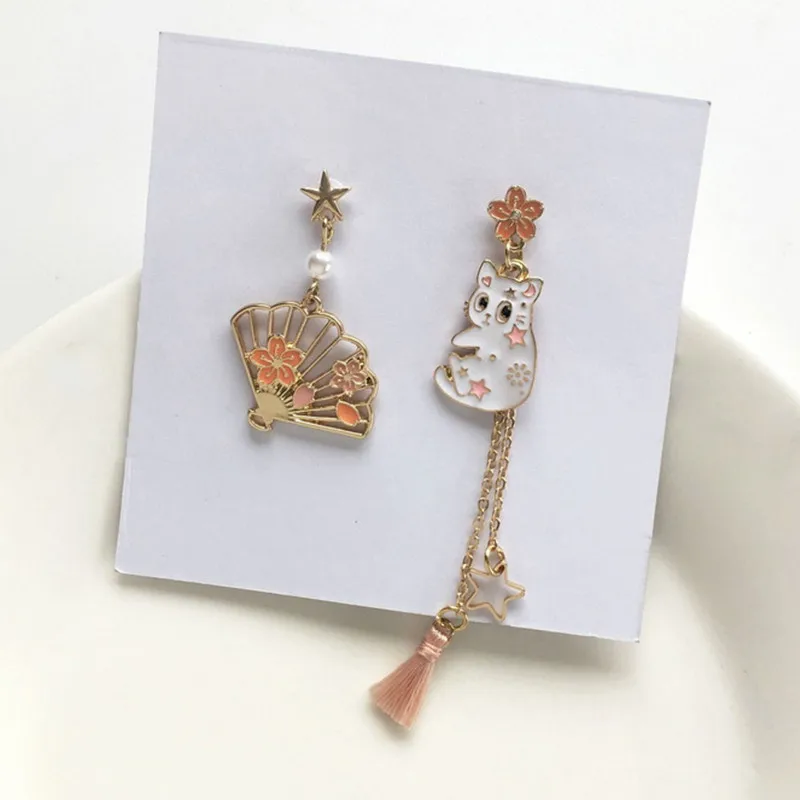 Chinese Style Folding Fan Crane Carp Lotus Asymmetrical Long Tassel Dangle National Style Earrings for Women Jewelry Gift