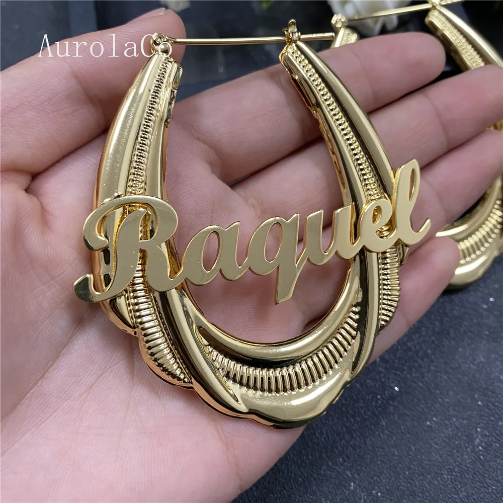 AurolaCo 65mm Stainless Steel Bamboo Hoop Earrings Customized Name Earrings Bamboo Style Custom Earrings for Women Gift