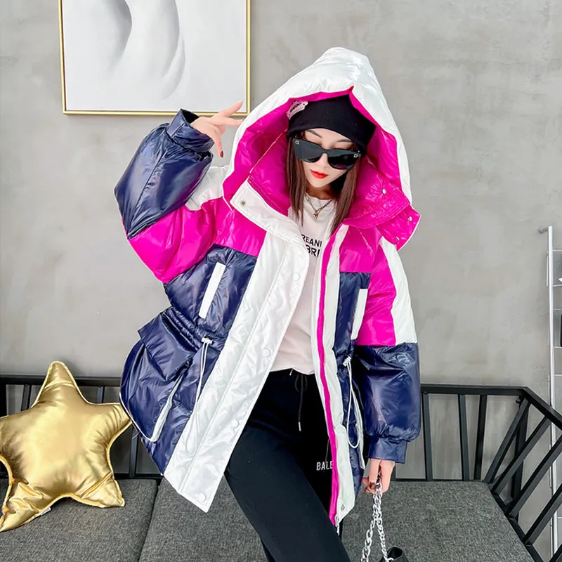 2024 Winter New Glossy Down Cotton Padded Coat Women Fashion Color Matching Hooded Casual Cotton Clothes Parkas Female Outwear