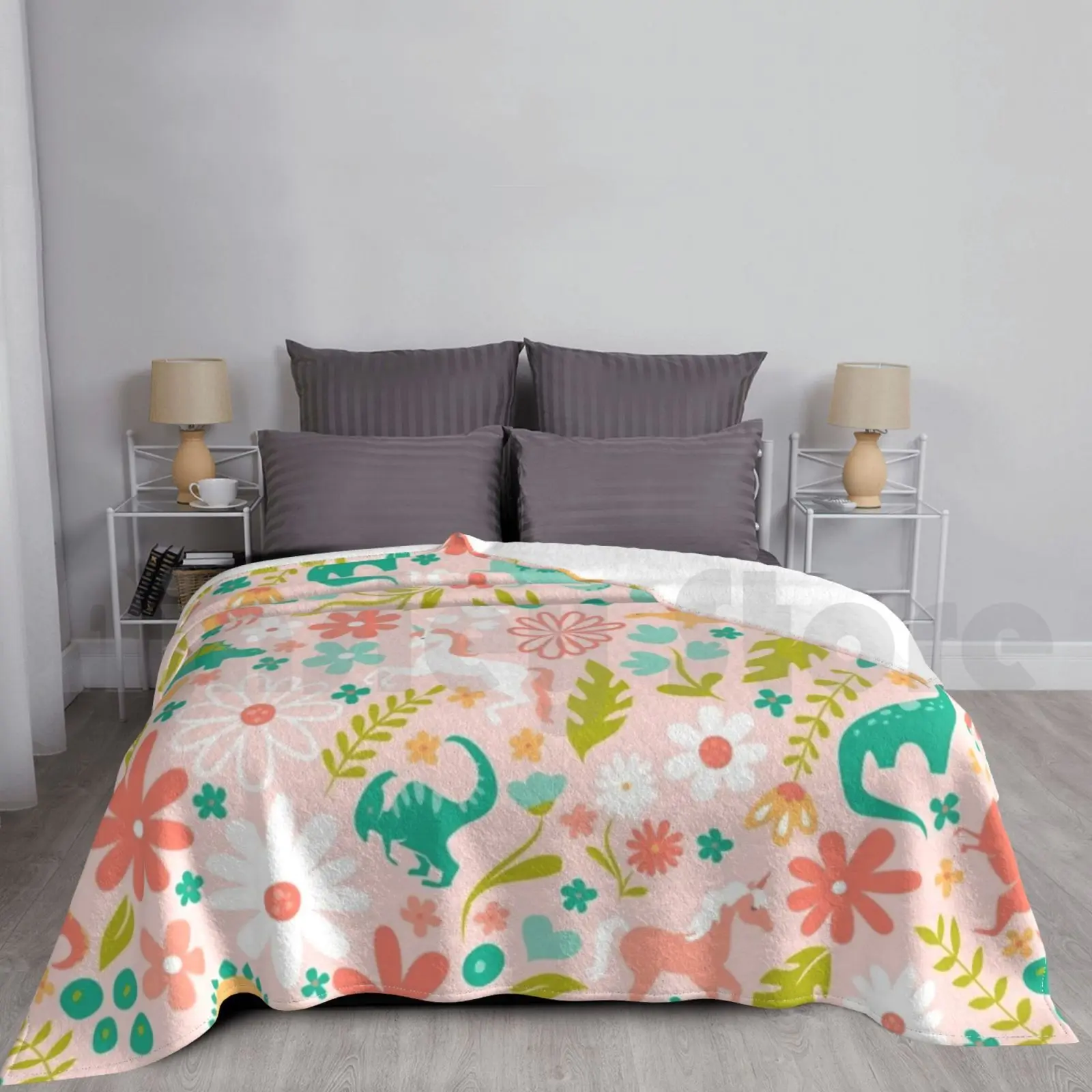 

Dinosaurs Unicorns On Pink Blanket Fashion Custom Dino Dinosaur Magical Unicorn Horse Garden Spring Flower