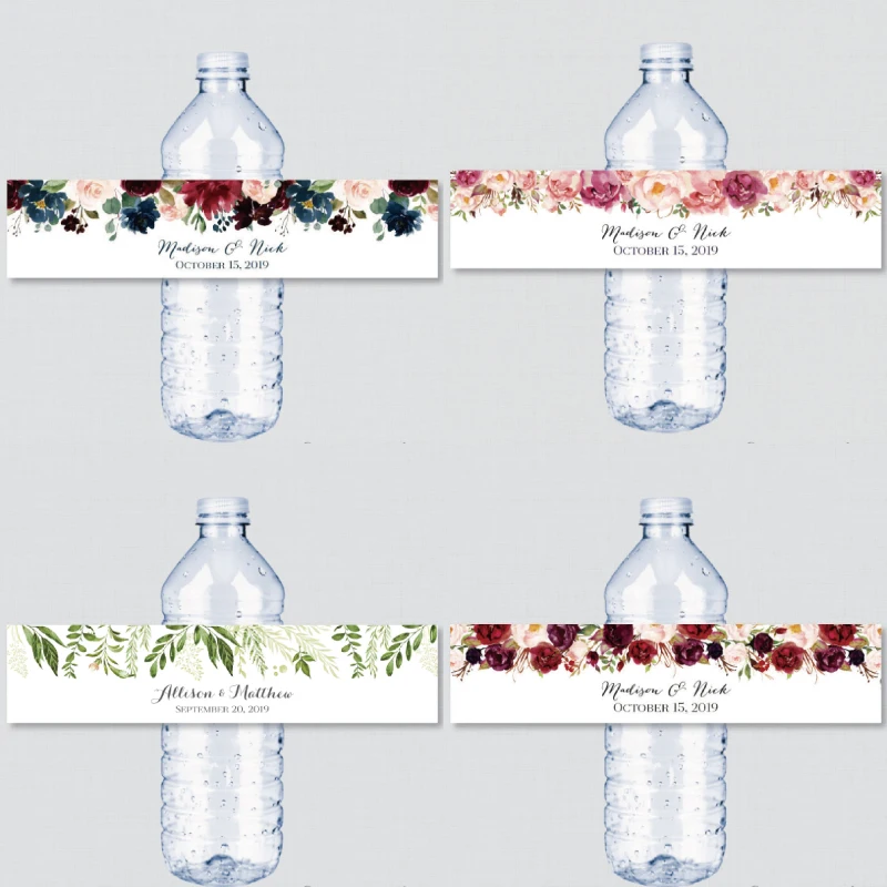 30 Pieces, Custom Personalized Floral Wedding Water Bottle Labels, Stickers, Birthday, Anniversary, Waterproof