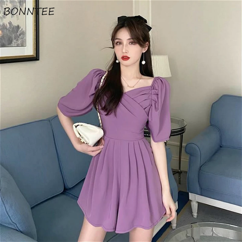 

Rompers Women Simple Korean High Waist Summer Solid Black Trendy Party Lady Clothing V-Neck Vintage Puff Sleeve Womens Playsuit