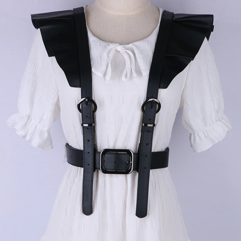 

Black Pu Leather bat Shoulder belts For women Angel lady Ruffles Split Joint Belt Fashion Tide All-match goth vest on dress