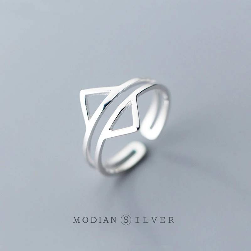 Modian Authentic 925 Sterling Silver Simple Double-sided Triangle Ring for Women Geometric Open Adjustable Finger Ring Jewelry