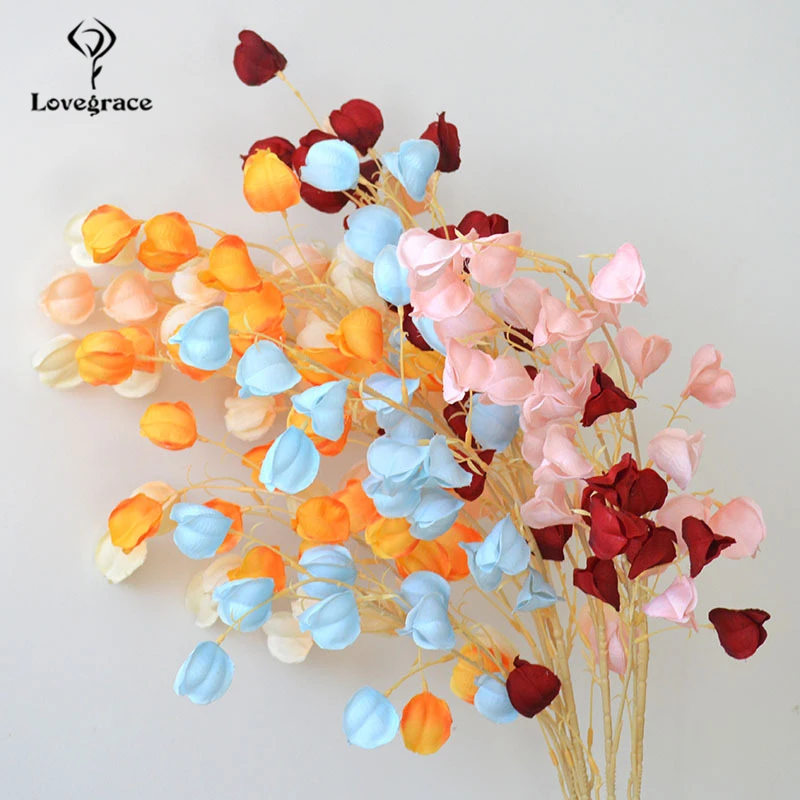 Lovegrace Artificial Flower Silk Lantern Fruit Gooseberry 3 Forks Groundcherry Home Party Wedding Wall Physalis Flower Decor