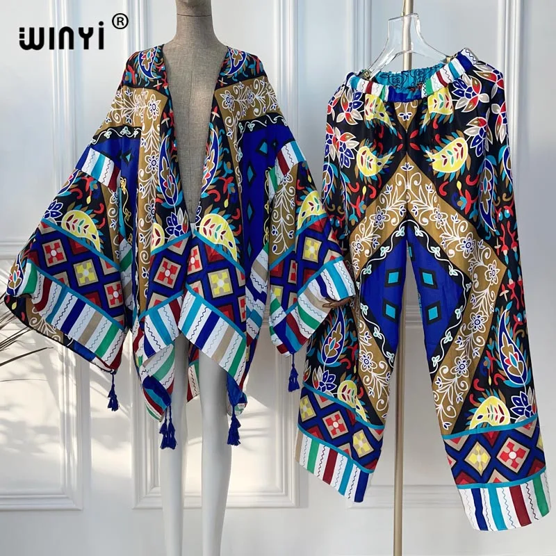 WINYI two-piece suit kimono straight leg pants Bohemian Printed Over Size Star Dress Women Elastic Silk Floor Length New Fashion