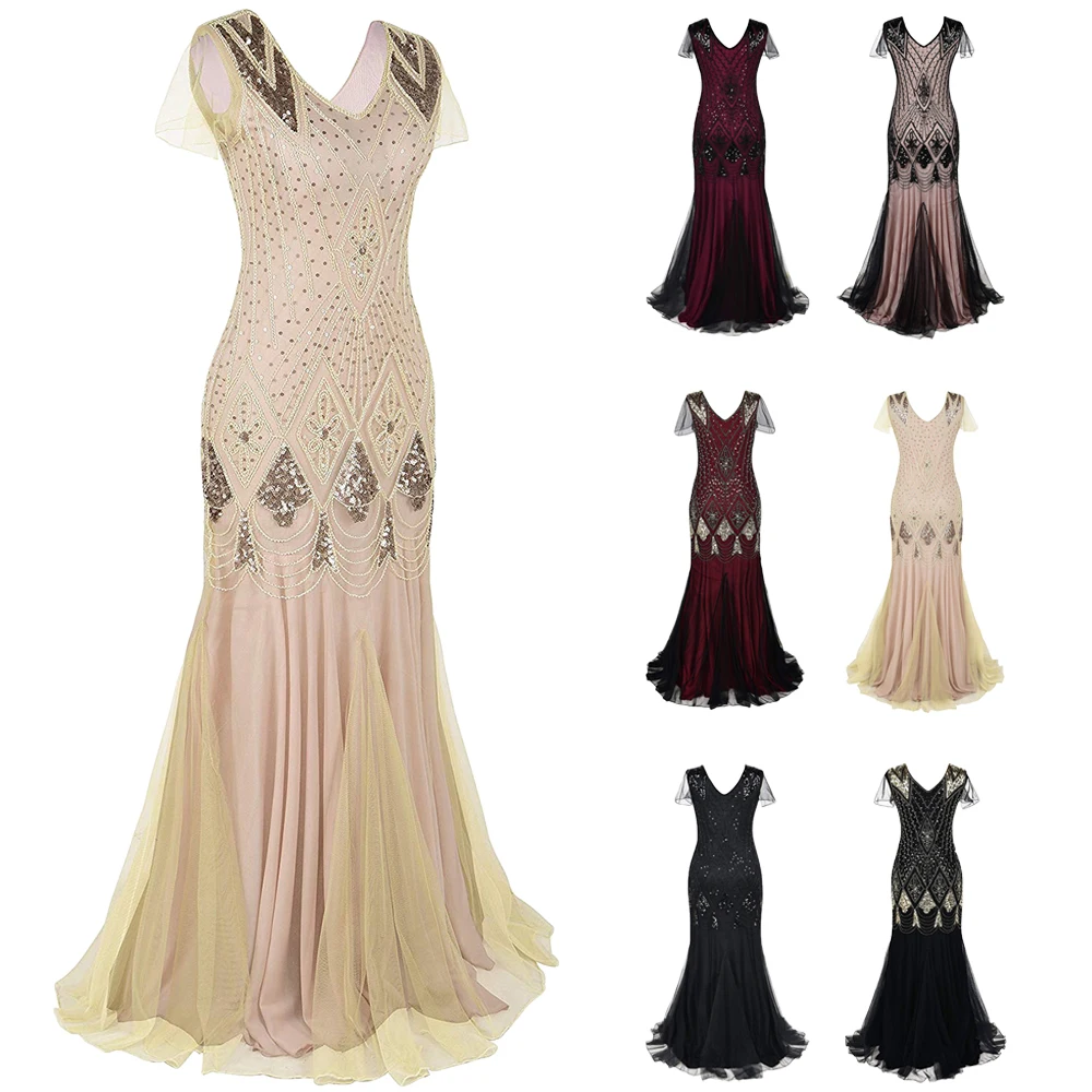 Women 1920s Great Gatsby Dress Long 20s Flapper Dress Vintage V Neck Sequins Beads Maxi Party Dress Mesh Prom Gown Elegant Dress