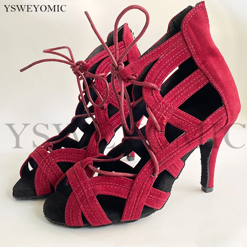 Damen Latin Dance Schuhe Rot Flanell 8,5 cm Spike Ferse Auf Bild Super Weiche Mode Stil Salsa Schuhe Für Frauen latin Dance Schuh