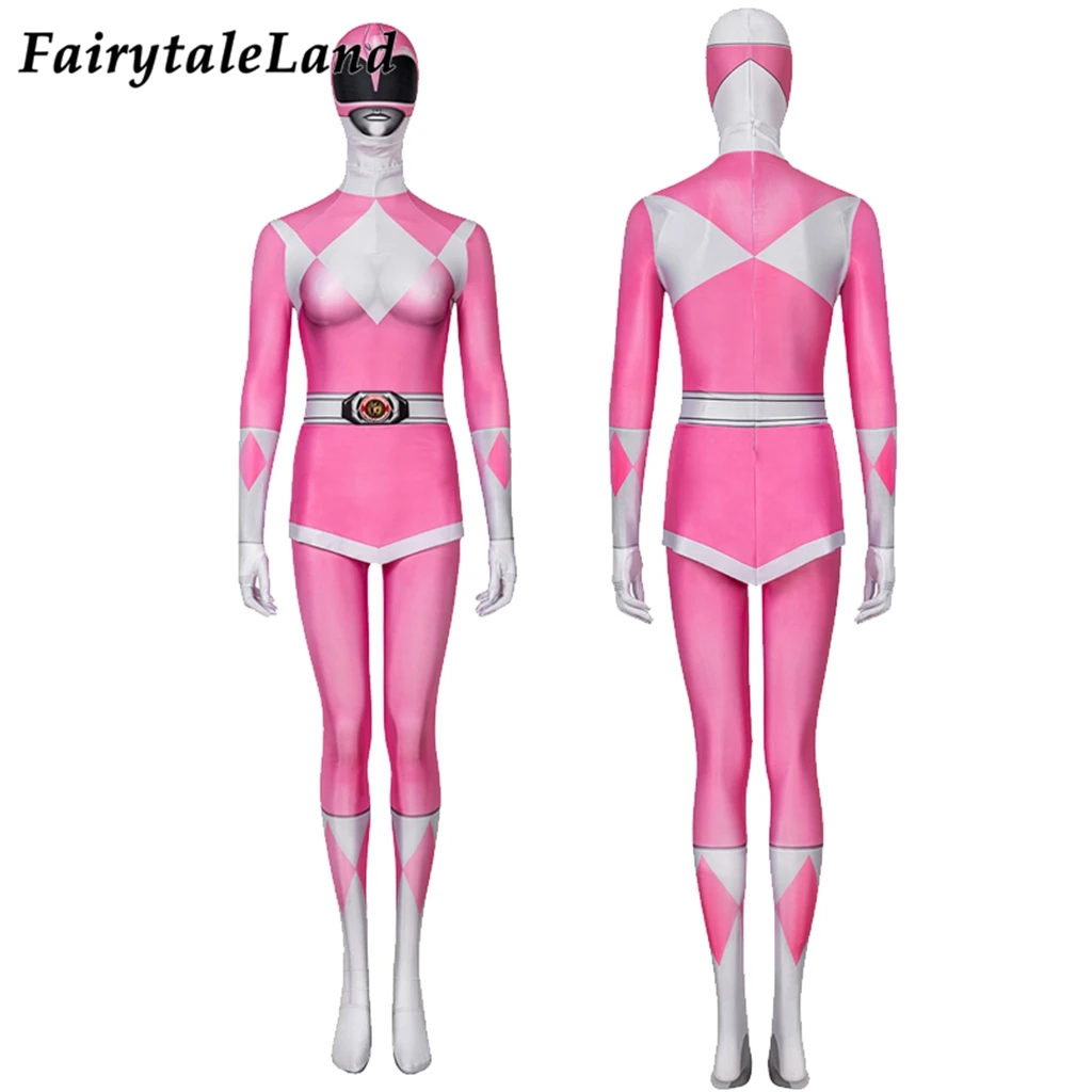 Halloween Rangers Cosplay pf Zentai Outfit Spandex stampa 3D tuta rosa Costume casco superhero