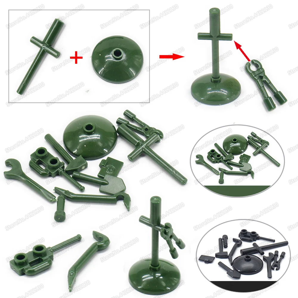 Assembly Military Green Tool Set Walkie Talkie Wrench Building Block Force Ww2 Army Logistics Figures Repair Model Boy Gift Toys