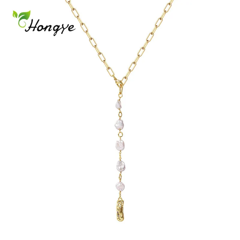 

Hongye Gold Color Irregular Natural Freshwater Pearl Pendant Circle Chain Asymmetry For Women Girl Gifts Jewelry 2021 New