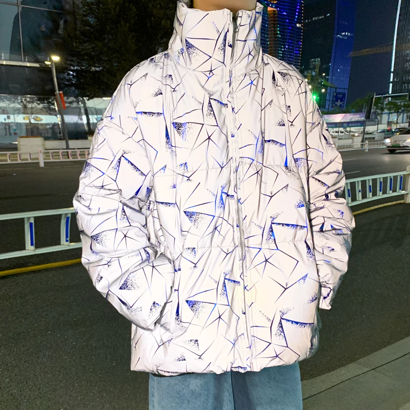 Pop Winter Jacket Men Reflective Blue Red Printed Harajuku Parkas Coat Oversized High Street Hip Hop Warm Cotton Coat Outwear