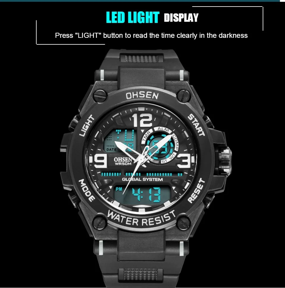 OHSEN Fashion Outdoor Sport Watch Men Multifunction 5 Bar Waterproof Black Military Digital Wristwatches Clock Relogio Masculino