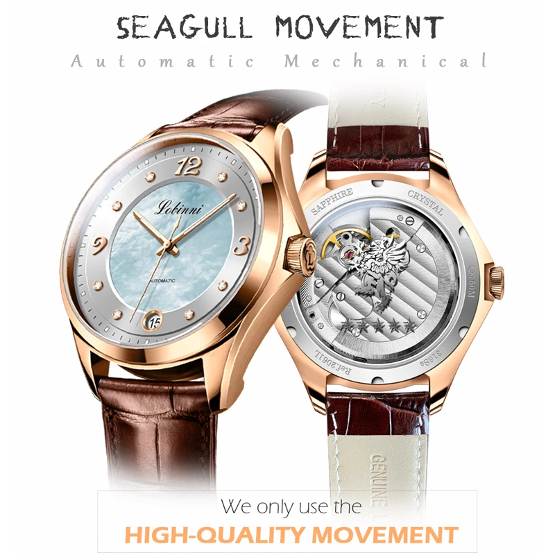 LOBINNI Luxury Mechanical นาฬิกาข้อมือผู้หญิง High-End Seagull Movement นาฬิกาผู้หญิงที่ไม่ซ้ํากันสีเขียว Dial นาฬิกาวันที่