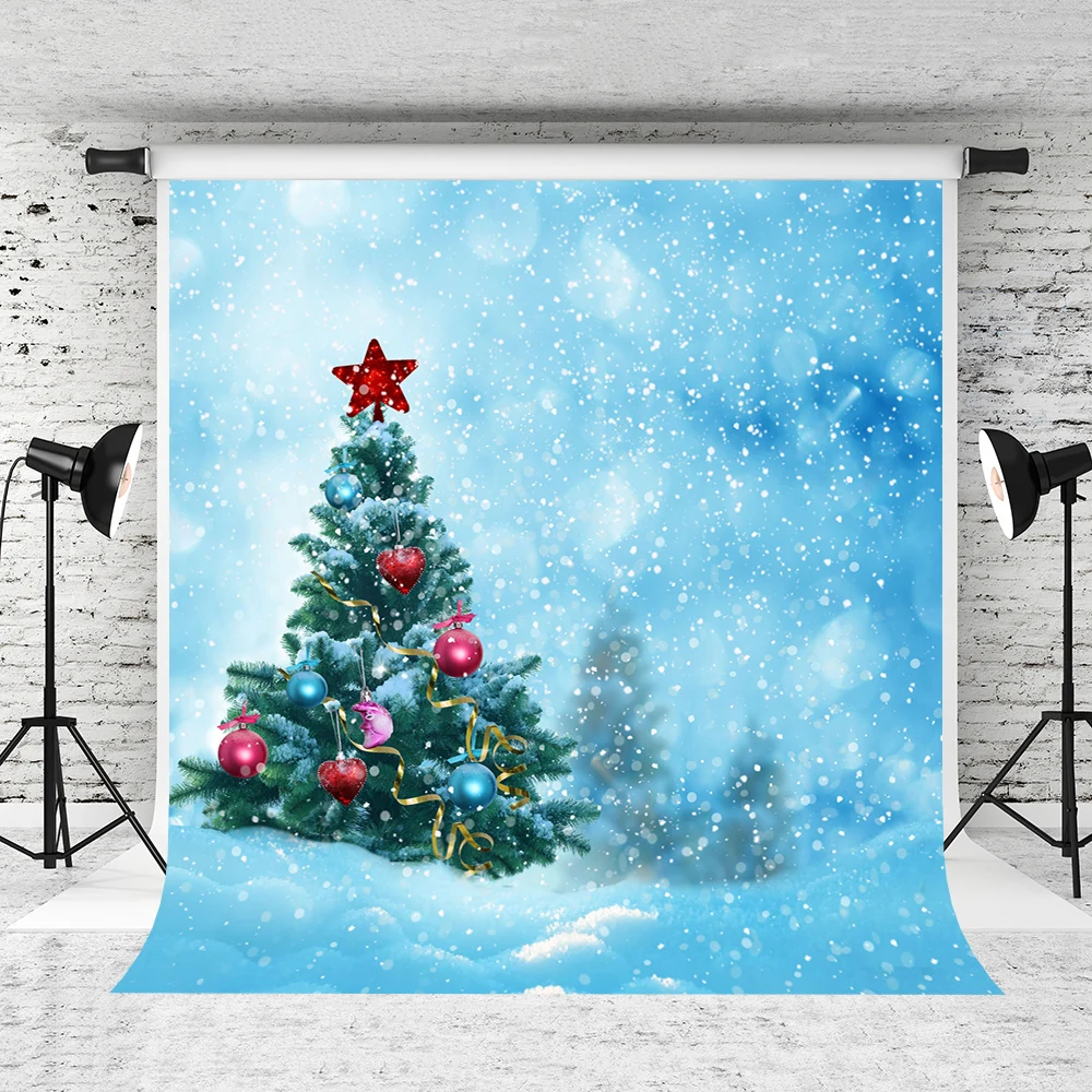 

VinylBDS Blue Christmas Photography Backdrops Snowflake Christmas Tree Decorations For Home Washable Photo Booth Background