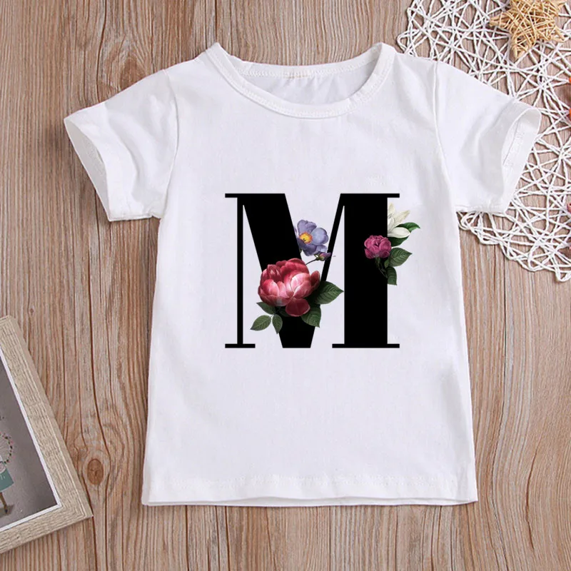 Custom Name Letter Combination Kids T-shirt Flower Letter Font A B C D E F G Short Sleeve Clothes Children Clothing for Age 1-12