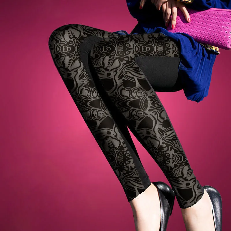 2022 Fashion Spring and Autumn Style New Bud Silk Hollow Out Pants Net Yarn Gold Velvet fabric Splicing Women Leggings Roses