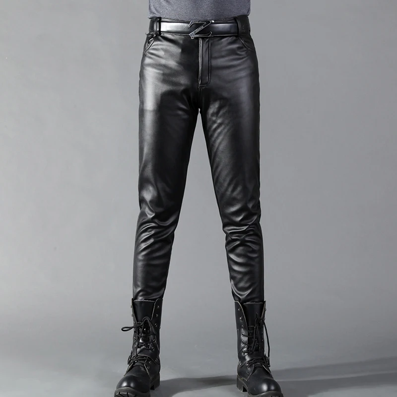 Men Leather Pants Skinny Fit Elastic Fashion PU Leather Trousers Motorcycle & Biker Pants Thin Streetwear