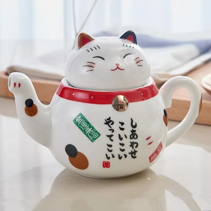 Japanese Lucky Cat Porcelain Tea Set Creative Fortune Cat Ceramic Tea Cup Pot with Strainer Lovely Plutus Cute Cat Teapot Mug