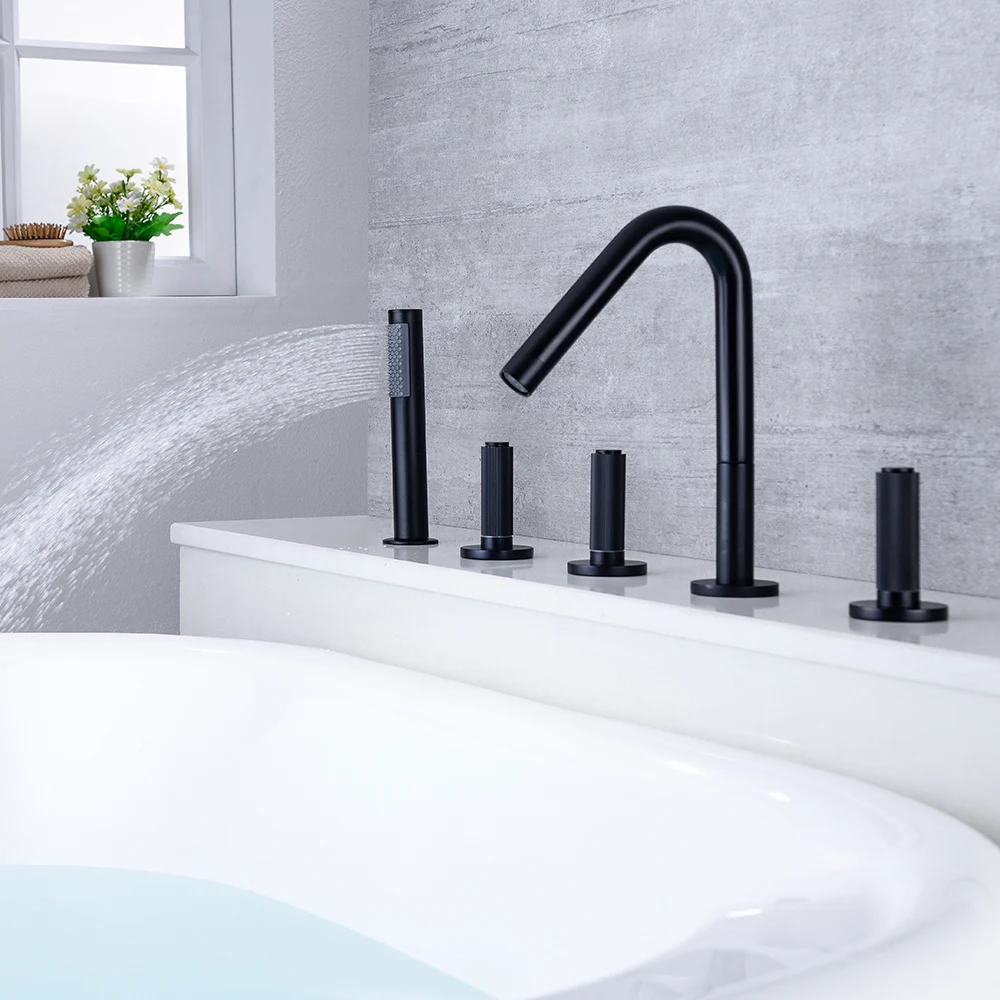 

SKOWLL Bathtub Faucet with Hand-Held Shower Sprayer Bathroom Mixer Tap Deck Mounted Roman Tub 5 Piece Set Black WW-1205