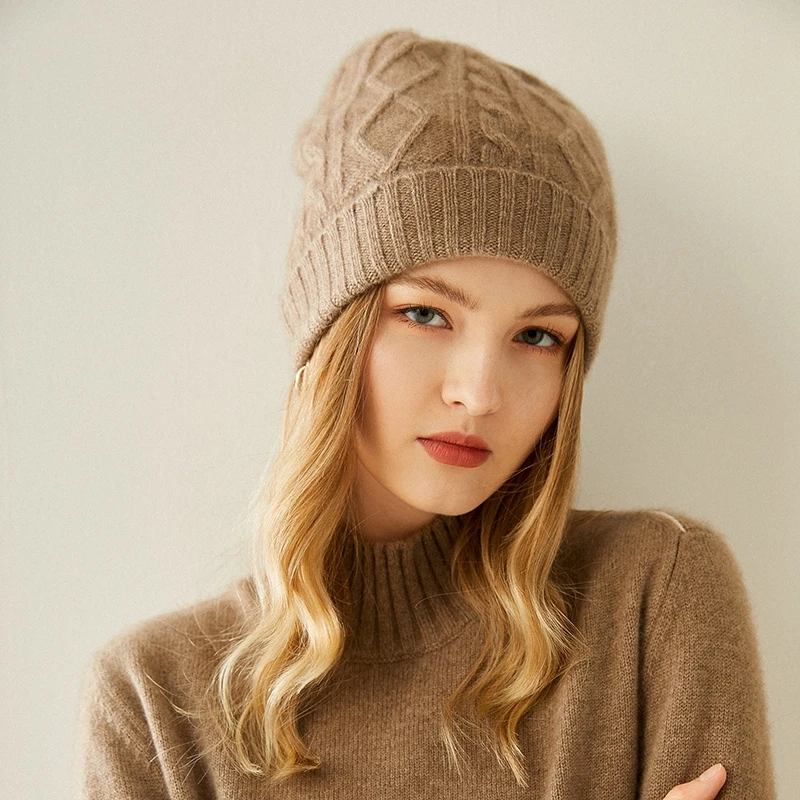 100% Goat Cashmere Knitted Headgears Women 2020 Hot Sale Soft and Warm Thicker Hats for Girls Winter Autumn 3Colors Fashion Hat