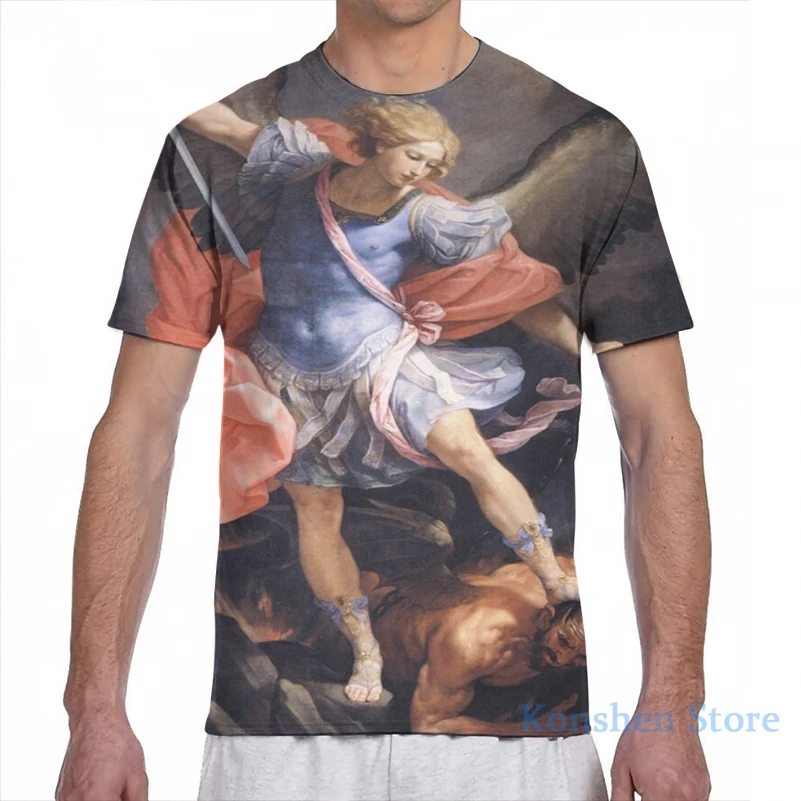 Camiseta de manga corta para hombre y mujer, camisa de moda con estampado del Arcángel Michael defeating Satan, Guido Reni, 1635