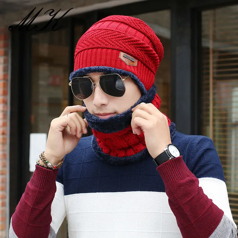 Maikun hat Korean version of the new men\'s hat and velvet cycling cap warm and windproof winter hat and scarf two piece