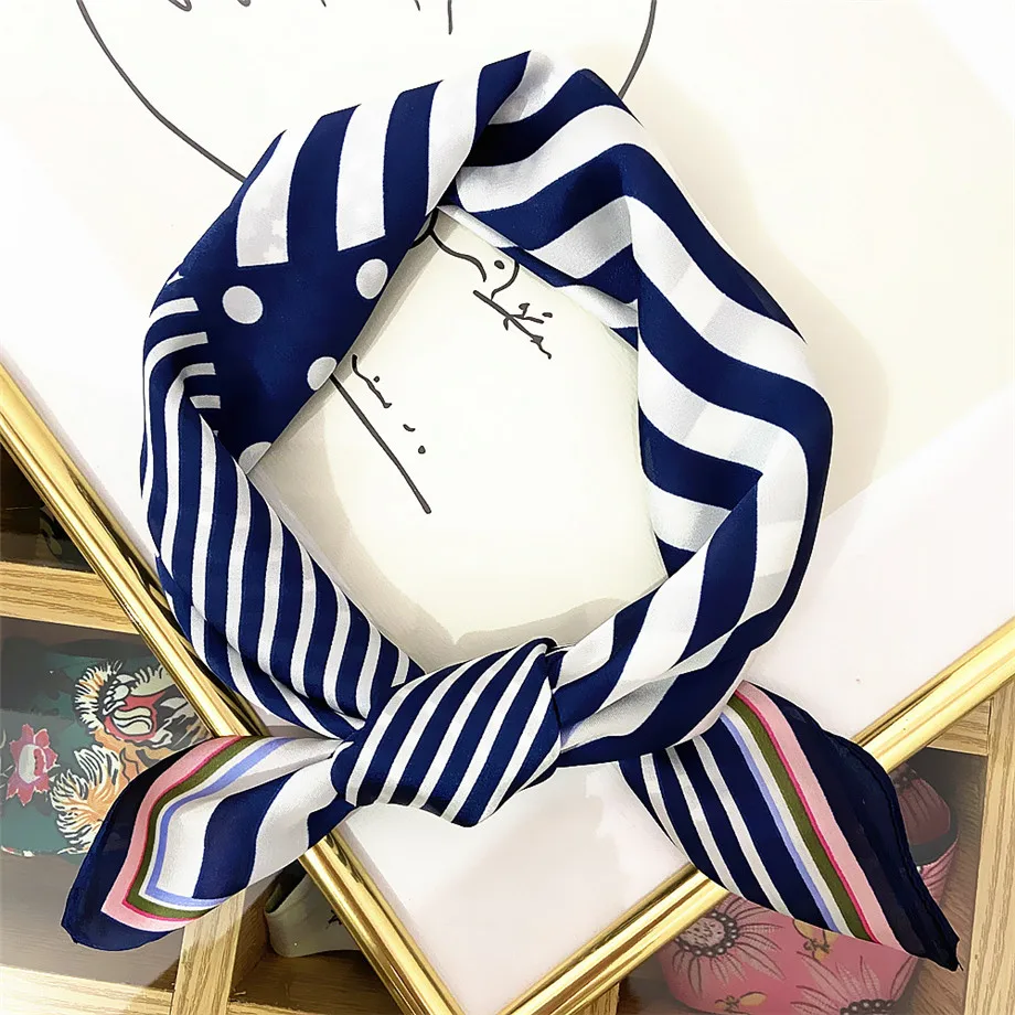 60cm Luxury Brand Square Scarf Women Striped Bandanna Spring Silk Scarf Summer Headband Fashion Neckerchief For Ladies