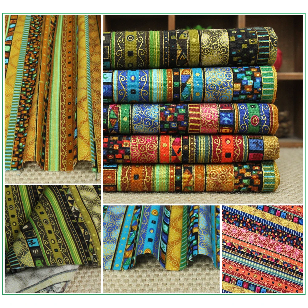 4/5PCS/Lot 24x24cm Vintage Striped Ethnic Bronzed Printed Cotton Linen Patchwork Fabric For DIY Sewing Handbag Handicraft Cloth