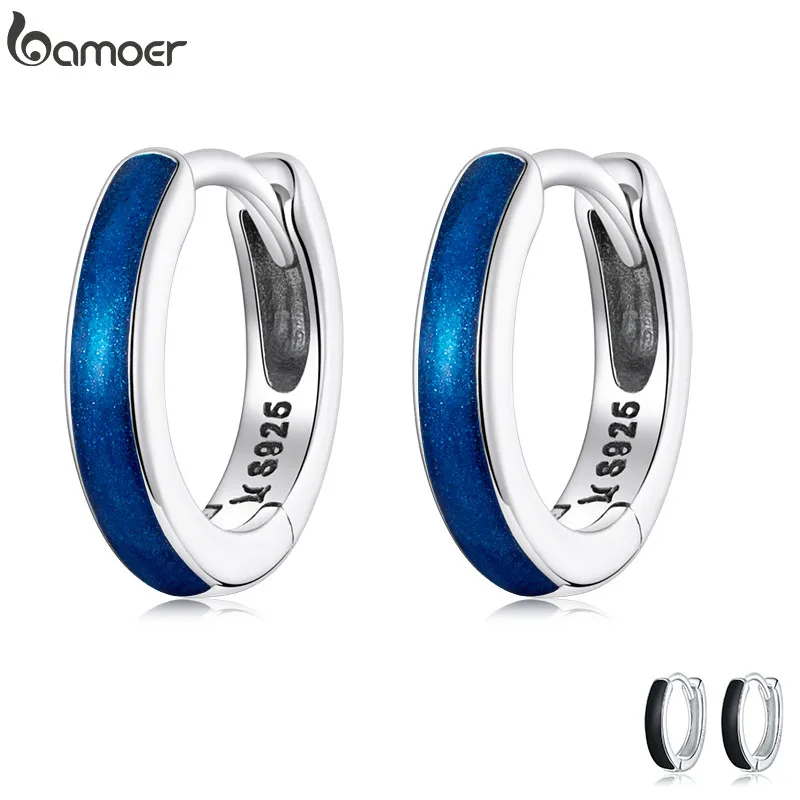 Bamoer New Trendy 925 Sterling Silver Simple Klein Blue Ear Buckles for Women Classic Hoop Earrings Fine Jewelry Party Gift