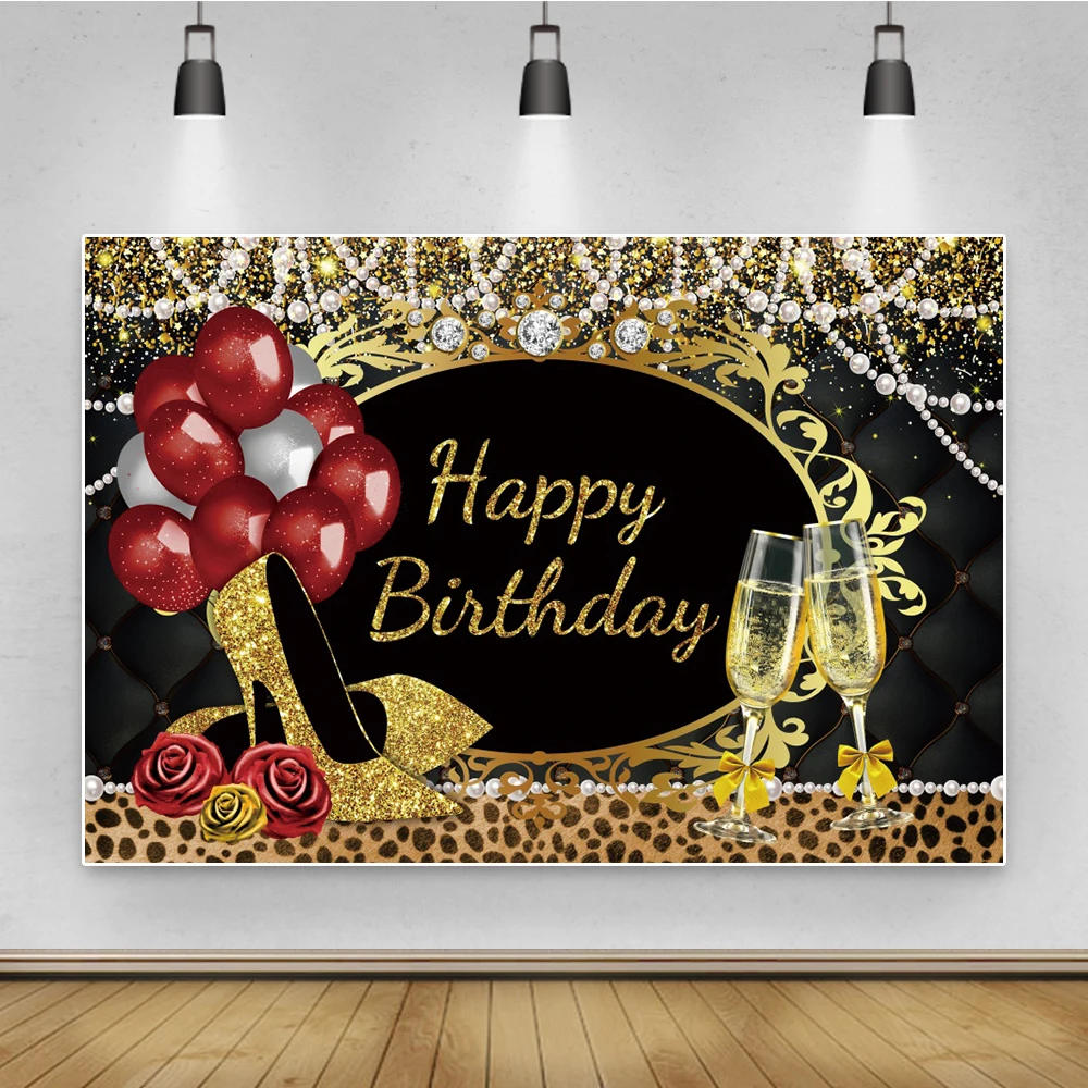 Photo Background Happy Fabulous Women's Birthday Party Golden High Heels Dots Feather Poster Photographic Backdrop Photo Studio