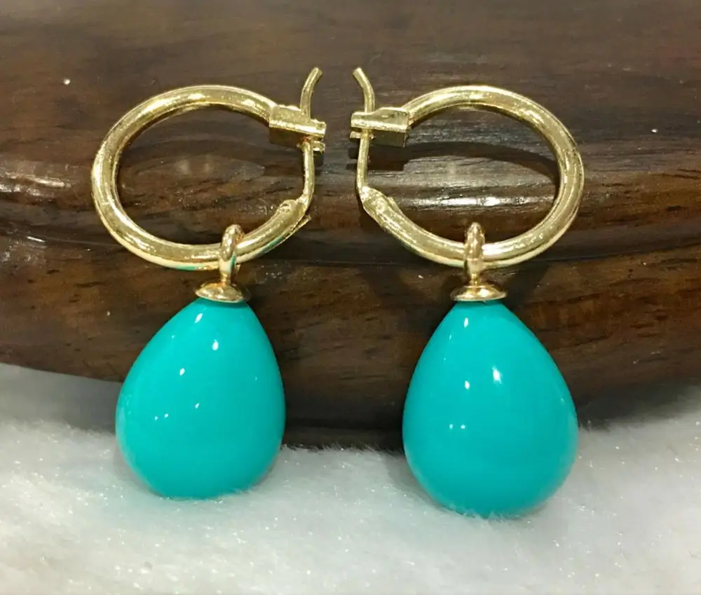 12x16MM DRIP Turquoise blue SOUTH SEA SHELL PEARL DANGLE EARRING 14K Gold Plated