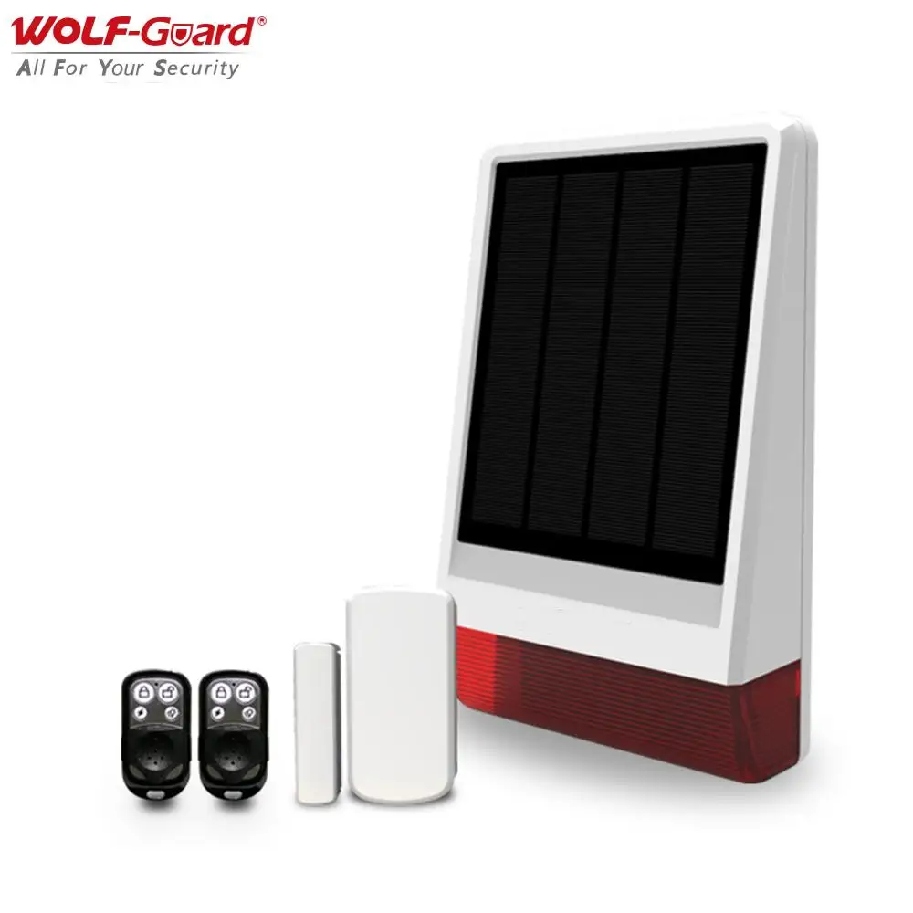 Wolf-Guard Wireless GSM SMS Solar Siren 120dB Outdoor Weatherproof Home Security Alarm System with Door Sensor House Burglar Kit