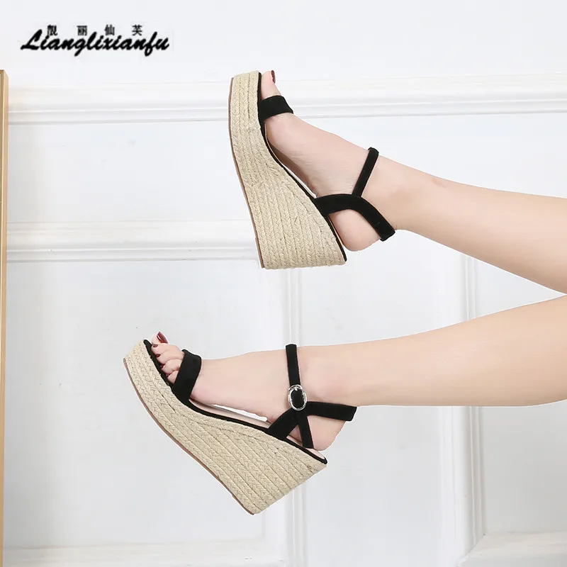 Summer 9cm 11cm High-heeled Women Pumps Platform Hemp shoes Buckle Roman Style stilettos Round Head Sandals Small Yards:30 31 32