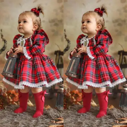 Christmas Dress Baby Girls Red Plaid Lace Ruffles Tutu Princess Party Dress Xmas Outfit Clothes