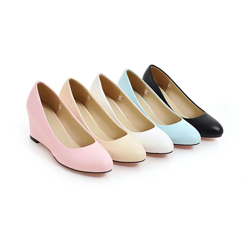 YQBTDL Sweet Cute Pink Sky Blue White Black Daily Party High Heels Shoes Wedge Shoes Plus Size Shallow Womens Wedges Pumps 2022