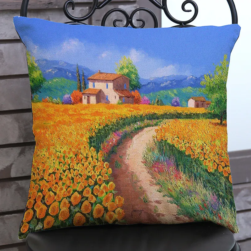 3D Oil Painting Nordic Rural Scenery Sofa Decoration Throw Pillow Case Sunflower Lavender Farm Landscape Style Cushion Cover