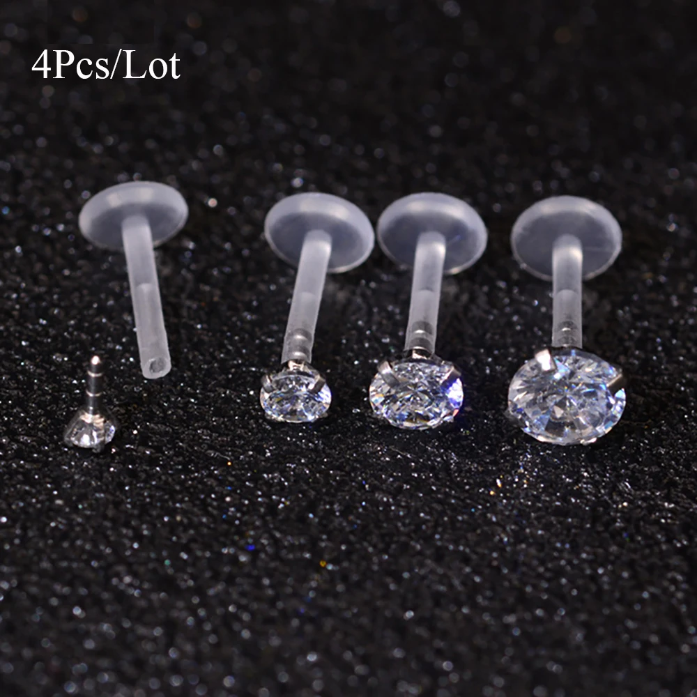 4pcs/lot 16g Clear CZ gem Bioplast Flexible Lip Labret Ring Tragus Cartilage Earring studs With Crystal stone Piercing Jewelry