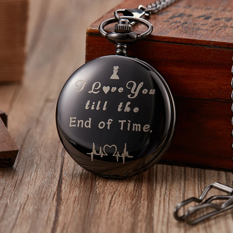 2019 Quartz Pocket Watches Mens I Love You Till The End Of Time Black Clock Pocket Watch Necklace Chain Girlfriend Gifts