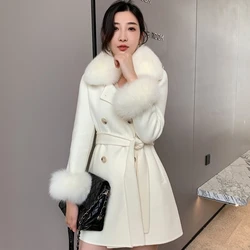 2022 New Style Women's  Wool Coat Real Fox Fur Collars Cuffs Fashion Cashmere Winter Overcoats Top Quality Long Fur Jackets