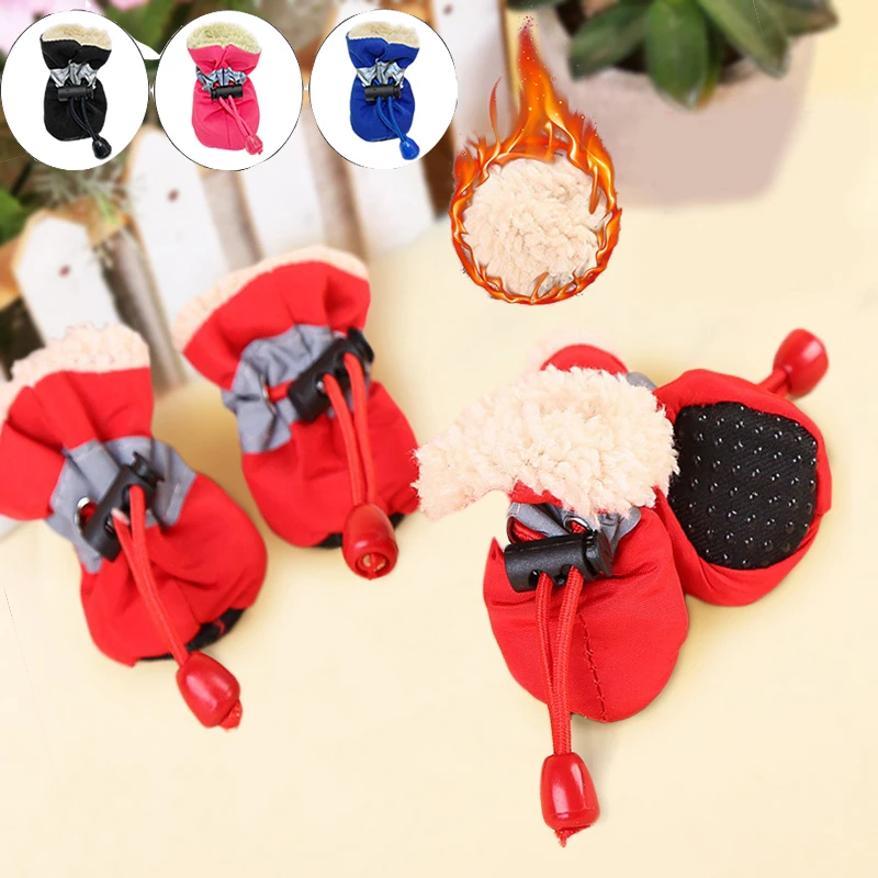 4pcs Waterproof Pet Dog Shoes Winter Plush Anti-slip Rain Snow Boots Footwear Thick Warm For Small Cat Dogs Puppy Socks Booties