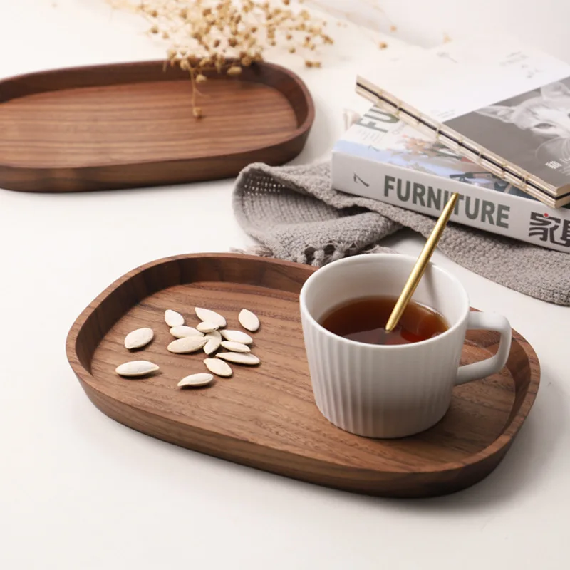 

Black Walnut Solid Wood Oval Food Dishes Cake Dessert Coffee Tea Cups Teapot Tray Ebony Breakfast Dinner Natural Wooden Plates