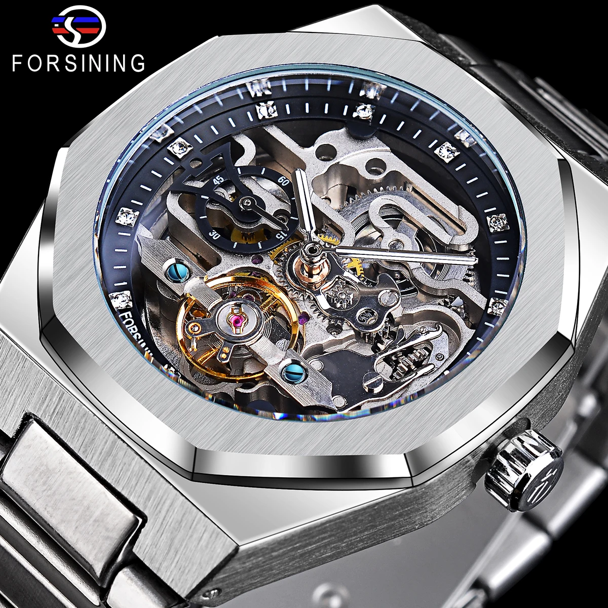 

Forsining Trendy Men Mechanical Watch Automatic Tourbillon Skeleton Diamond Watches Silver Stainless Steel Wristwatches Luminous