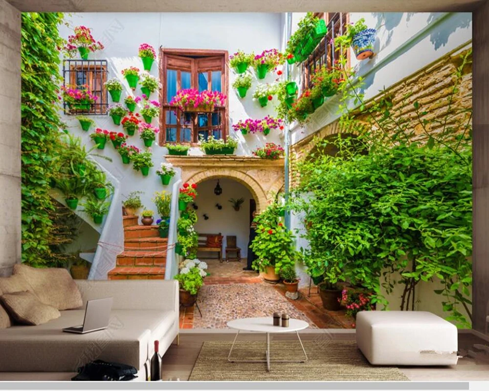 

Papel de parede Spanish architecture courtyard plants landscape 3d wallpaper,living room bedroom home decor cafe bar mural