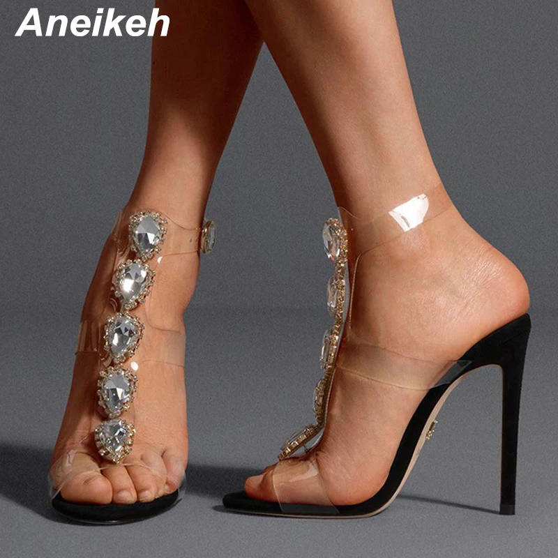 Aneikeh Summer Sandals Party PVC  Heart-shaped Crystal Buckle Fashion Sandalias Mujer Shoes For Women 2024 Thin Heels Drill Nove