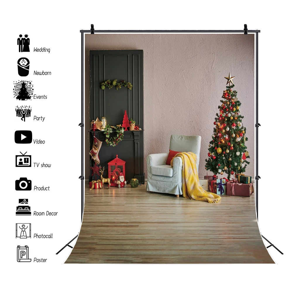 Laeacco Wooden Floor Merry Christmas Tree Interior Scene Gift Sofa Baby Child Photography Background For Photo Backdrops Poster