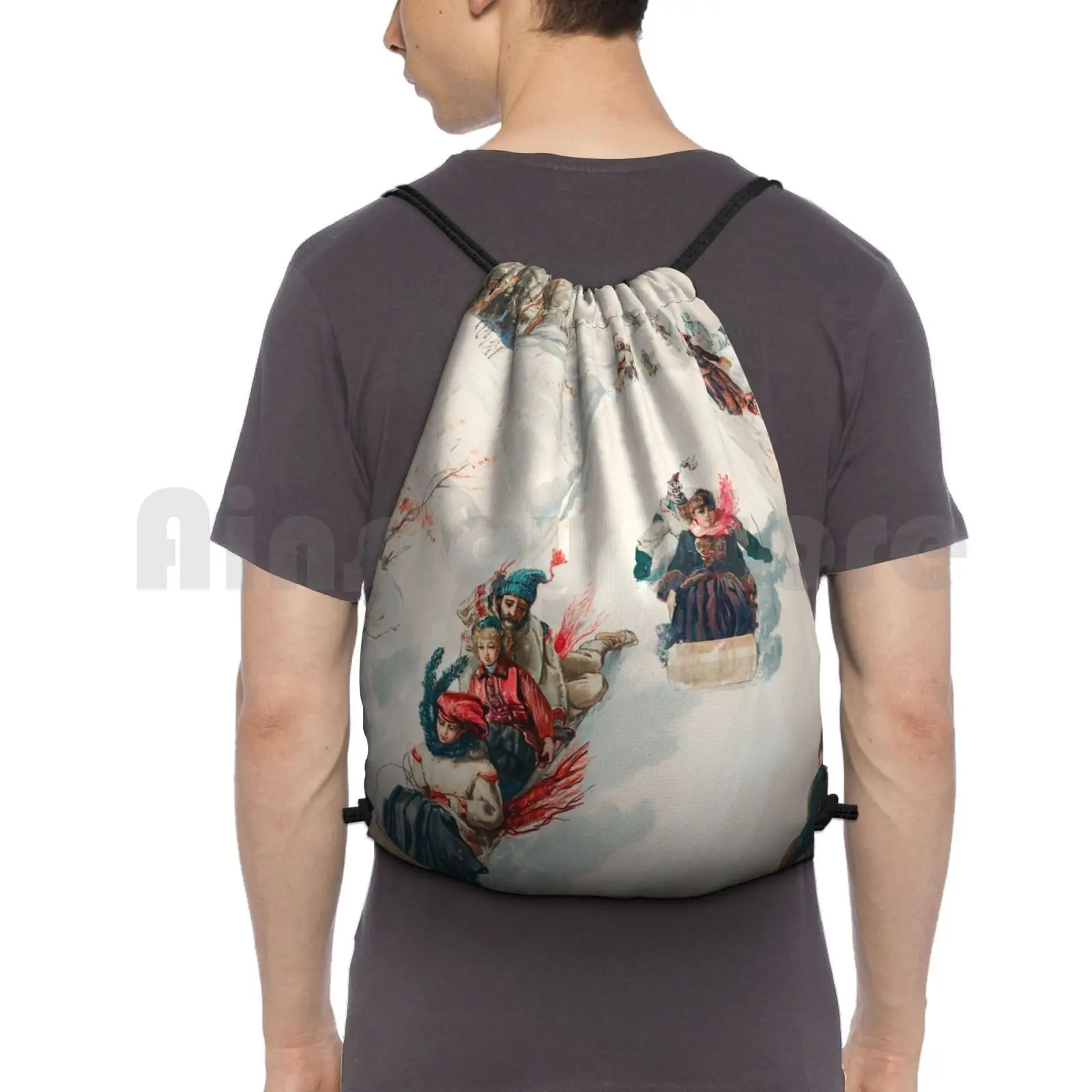 " Tobogganing " Chromolithograph ( 1886 ) By L. Prang & Co. Backpack Drawstring Bags Gym Bag Waterproof L Prang