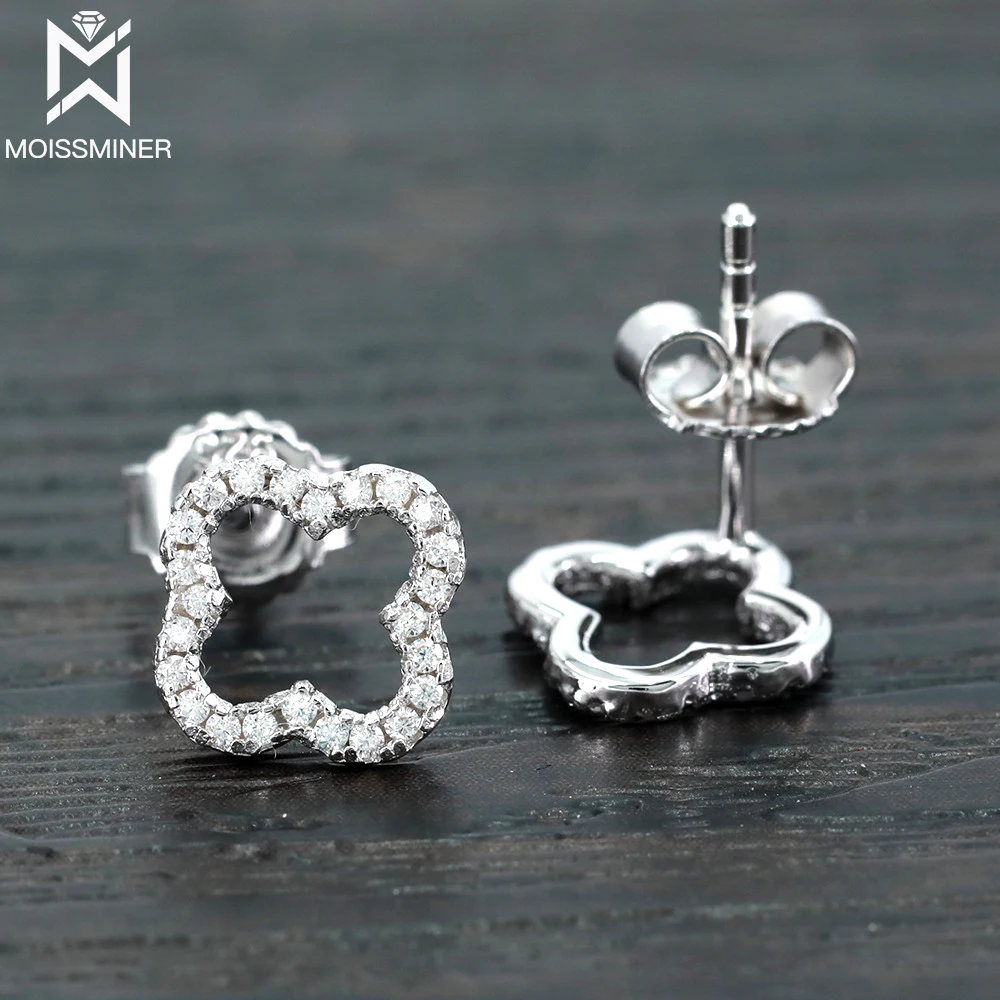 Moissanite Earrings Clover VVS S925 Silver Real Blue Diamond Iced Out Ear Studs For Women Men High-End Jewelry Pass Tester