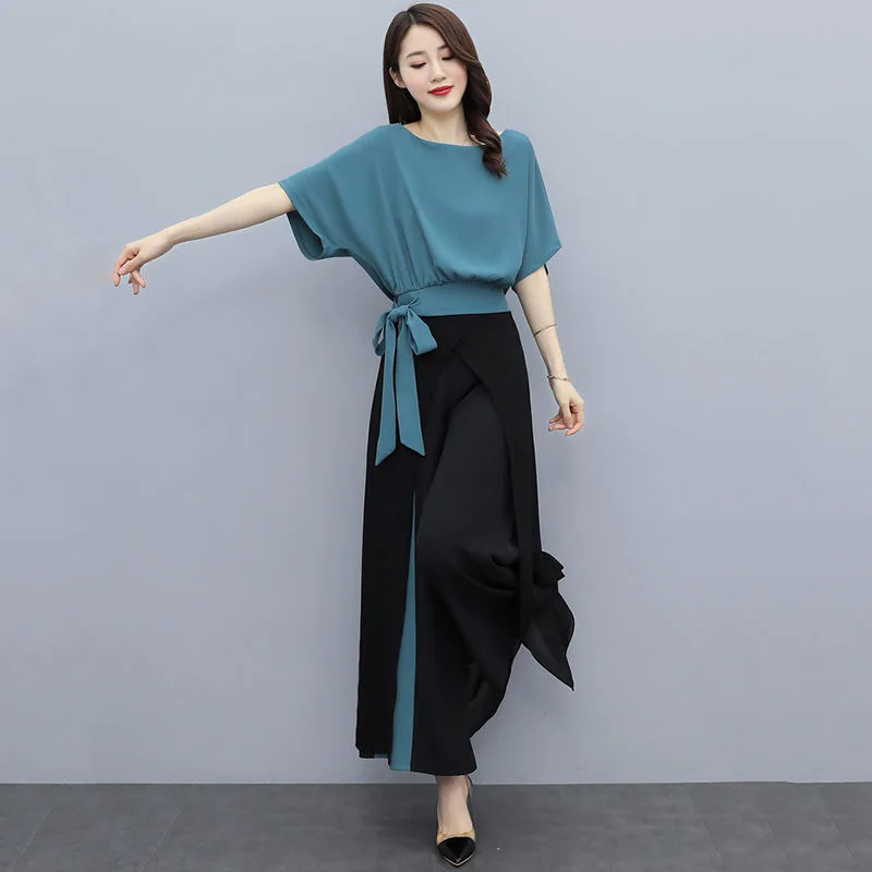 

Women Casual Half Sleeves O-Neck Ribbon Top and Wide Leg Pants Patchwork Two Pieces Set Summer Loose Elegant Ladies M-3XL