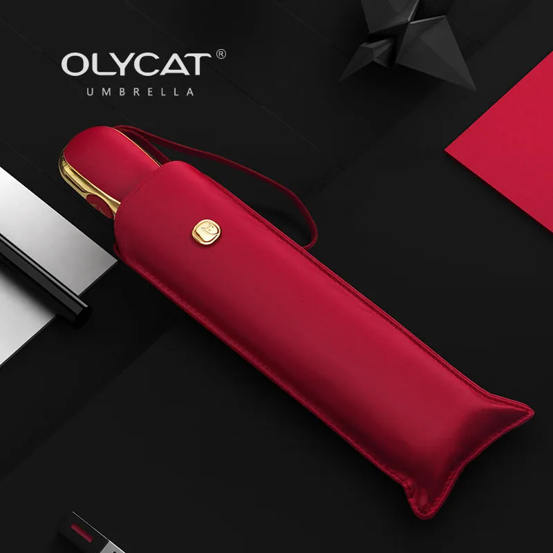 Olycat-Folding Automatic Black Coating Umbrella, UV, Sunny and Rainy, Ultra Light, Portable, Female, 3 Folding